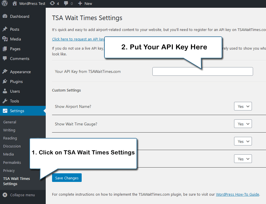 TSA Wait Times Wordpress Settings